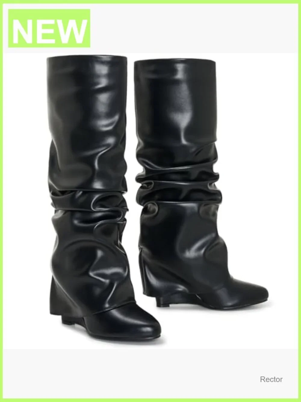 Ruched Knee High Boots Fold Over Toe Wedge Heel Pointed Wide Calf Pull-on Boots
